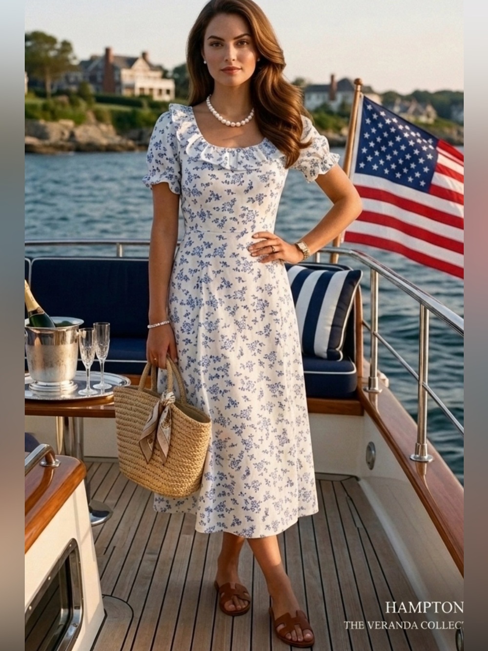 Ralph Lauren 100% Linen White&Blue American Floral Ruffle-Trim Midi Dress Sz 4 S